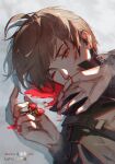  1boy bai_qi_(love_and_producer) bangs blood blood_on_face brown_eyes brown_hair brown_jacket covering_mouth earpiece earrings highres holding jacket jewelry long_sleeves looking_at_viewer love_and_producer lying nosebleed on_back on_floor one_eye_closed rabbitcamilla shadow short_hair solo 