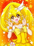  bag bow brooch choker collarbone cure_peace double_v dress eyebrows_visible_through_hair hair_between_eyes hair_flaps hair_ornament highres jewelry kise_yayoi looking_at_viewer magical_girl nagaigoz open_mouth orange_background orange_choker precure puffy_short_sleeves puffy_sleeves short_sleeves skirt smile_precure! starry_background two-tone_background upper_body v wide_ponytail yellow_background yellow_bow yellow_dress yellow_skirt yellow_theme 