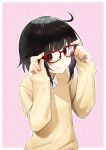  1girl ahoge alternate_costume bangs bespectacled black_hair border brown_sweater collared_shirt commentary_request contemporary glasses hands_up highres izawa_koushi kono_subarashii_sekai_ni_shukufuku_wo! looking_at_viewer megumin outline red-framed_eyewear red_eyes revision shiny shiny_hair shirt short_hair sleeves_past_wrists smile solo sweater upper_body white_border white_outline white_shirt 