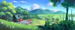  absurdres architecture brick_wall clouds commentary_request day east_asian_architecture fence field flower foliage grass highres house lake leaf mountainous_horizon no_humans original pink_flower road rock scenery sky stairs town tree zhaohengyu2 