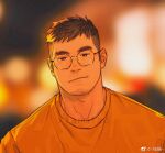  1boy bespectacled black_eyes brown_hair city_lights closed_mouth facial_hair glasses looking_at_viewer male_focus orange_shirt original shirt solo spiky_hair stubble t-shirt thick_eyebrows undercut xian_miao 