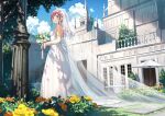  1girl :o bangs blue_sky blush bouquet bridal_veil brown_eyes brown_hair building cathedral clouds day dress flower highres holding holding_bouquet kantoku looking_at_viewer looking_to_the_side mountain original outdoors rose sidelocks sky solo standing tree umbrella veil wedding_dress white_dress white_flower white_rose window 