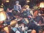  5boys absurdres alcohol bai_qi_(love_and_producer) bangs blonde_hair blue_eyes book bookshelf briefcase brown_eyes brown_hair chinese_clothes couch cup drinking_glass earrings formal gloves highres holding holding_cup holding_pen jewelry lamp leaning_forward li_zeyan ling_xiao long_sleeves looking_at_viewer love_and_producer mo_xu monocle multiple_boys necktie paper pen polo_shirt purple_hair rabbitcamilla shirt short_hair sitting table teacup vest violet_eyes white_gloves white_necktie white_shirt white_vest wine wine_glass yellow_eyes zhou_quiluo 