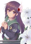  1girl black_jacket blush brown_hair cowboy_shot crescent crescent_pin eyebrows_visible_through_hair flower from_above from_below green_sailor_collar green_skirt hair_between_eyes highres jacket kantai_collection kisaragi_(kancolle) lily_(flower) long_hair long_sleeves looking_at_viewer looking_up minakami_mimimi remodel_(kantai_collection) ribbon sailor_collar school_uniform serafuku shirt simple_background skirt smile solo violet_eyes white_background 