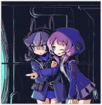  2girls arknights bangs blue_eyes blue_hair blue_poison_(arknights) blush charm_(object) chestnut_mouth eyebrows_visible_through_hair glaucus_(arknights) hand_on_another&#039;s_arm hood hood_up hooded_jacket jacket low_twintails multicolored_hair multiple_girls one_eye_closed pink_hair pointing scared shorts shuuzen_(shu-zen) streaked_hair turn_pale twintails 