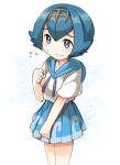  1girl alternate_costume blue_eyes blue_hair blush closed_mouth fun_bo hairband lana_(pokemon) looking_at_viewer pokemon pokemon_(game) pokemon_sm short_hair simple_background skirt solo sweat white_background 