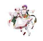  2girls absurdres amagai_tarou bangs belt boots bow braid cape choker collarbone commentary_request eyebrows_visible_through_hair fire_emblem fire_emblem:_the_sacred_stones fire_emblem:_three_houses fire_emblem_heroes floating floating_object food fruit full_body fur_trim hat highres knee_boots long_hair long_sleeves looking_away lute_(fire_emblem) lysithea_von_ordelia multiple_girls official_art open_mouth pantyhose purple_hair red_legwear simple_background snowman strawberry tied_hair violet_eyes white_hair 