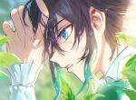  1boy androgynous bangs black_hair blue_hair blurry blurry_background eyebrows_visible_through_hair fractalmagnolia frilled_sleeves frills from_side genshin_impact gradient_hair green_eyes long_sleeves male_focus multicolored_hair open_mouth short_hair_with_long_locks sidelocks solo venti_(genshin_impact) 