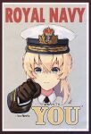  1girl alternate_costume blonde_hair blue_eyes braid french_braid hat highres himeyamato kantai_collection long_hair looking_at_viewer peaked_cap pointing pointing_at_viewer poster_(object) solo warspite_(kancolle) 
