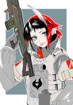  1girl apex_legends bangs black_hair blue_background blue_eyes closed_mouth commentary_request cosplay demon_girl demon_horns eyes_visible_through_hair gibraltar_(apex_legends) gibraltar_(apex_legends)_(cosplay) gun hatori_naco highres holding holding_gun holding_weapon horns looking_to_the_side multicolored_hair pointy_ears redhead ryugasaki_rene short_hair simple_background smile solo sugar_lyric tongue tongue_out tooth_necklace two-tone_hair upper_body virtual_youtuber weapon white_background 