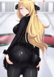  1girl ass ass_support black_pants black_shirt blonde_hair blurry blurry_background breasts closed_mouth commentary cowboy_shot cynthia_(pokemon) fur-trimmed_sleeves fur_trim grey_eyes hair_ornament highres long_sleeves looking_at_viewer looking_back medium_breasts o22no pants pantylines patreon_logo patreon_username plump pocket pokemon reward_available shiny shiny_clothes shirt smile solo standing web_address 
