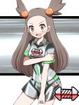 1girl absurdres alternate_costume blush brown_eyes brown_hair collared_shirt commentary_request cowboy_shot eyelashes hair_bobbles hair_ornament highres jasmine_(pokemon) long_hair looking_at_viewer open_mouth pokemon pokemon_(game) pokemon_hgss pokemon_swsh shabana_may shirt short_sleeves shorts side_slit side_slit_shorts solo sweat tongue two_side_up 