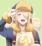  1boy :d baseball_cap blonde_hair blush commentary_request green_background grey_eyes hair_over_one_eye hand_up hat holding_strap jandara_rin long_sleeves male_focus medium_hair open_mouth pokemon pokemon_(game) pokemon_legends:_arceus signature simple_background smile solo sparkle teeth tongue upper_body upper_teeth volo_(pokemon) 