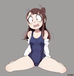  1girl artist_name bangs breasts brown_hair full_body grey_background highres jacket jacket_partially_removed kagari_atsuko little_witch_academia long_hair m_legs medium_breasts on_floor once_11h open_mouth red_eyes school_swimsuit simple_background sitting solo spread_legs swimsuit teeth tied_hair upper_teeth white_jacket 