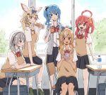  5girls :d :o :t ahoge bag bangs black_scrunchie black_skirt blonde_hair blue_bow blue_hair bow bowtie braid brown_eyes brown_vest cellphone chair classroom commentary_request contemporary day desk eating eyebrows_visible_through_hair french_braid green_eyes grey_hair hair_between_eyes hair_bow hair_ornament hair_scrunchie hairclip highres hololive hood hoodie hoshimachi_suisei indoors juice_box kaigaraori long_hair looking_at_another medium_hair multicolored_hair multiple_girls omaru_polka open_mouth phone pink_hair plastic_bottle pointy_ears ponytail red_bow red_bowtie sakura_miko school_bag school_desk school_uniform scrunchie shiranui_flare shirogane_noel shirt short_sleeves side_ponytail single_braid sitting skirt smartphone smile standing vest virtual_youtuber white_hoodie white_shirt window x_hair_ornament yellow_scrunchie 