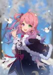  1girl :d absurdres bird blue_hair blurry blurry_background bow candy_hair_ornament capelet crown food-themed_hair_ornament fur-trimmed_capelet fur_trim gradient_hair green_eyes hair_ornament heterochromia high-waist_skirt highres himemori_luna hololive mini_crown multicolored_hair outdoors pink_hair red_bow shirt shyi skirt smile snow snowing solo teeth upper_teeth violet_eyes virtual_youtuber white_shirt 