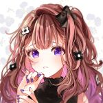  1girl absurdres bangs black_bow black_shirt blush bow brown_hair commentary flower hair_bow hair_flower hair_ornament hands_up highres long_hair looking_at_viewer nail_polish original parted_lips portrait puracotte purple_nails shirt solo tearing_up violet_eyes 