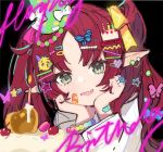  acidear apple arknights bandaid bandaid_on_face cake candle cherry earrings food fruit golden_apple green_eyes hair_ornament hat head_on_hand highres jewelry looking_at_viewer myrtle_(arknights) pointy_ears redhead ring smile 