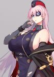  1girl :o azur_lane bangs black_eyepatch black_gloves black_jacket breasts elbow_gloves eyebrows_visible_through_hair eyepatch finger_to_face fingerless_gloves gloves grey_background hair_between_eyes highres jacket jacket_pull large_breasts light_blue_eyes long_hair looking_at_viewer marshall_k open_mouth pink_hair scharnhorst_(azur_lane) sideboob solo uniform upper_body 