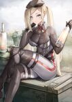  1girl a-545_(girls&#039;_frontline) absurdres alcohol aqua_eyes beret black_footwear black_gloves blonde_hair bodystocking bodysuit boots bottle braid breasts closed_mouth commentary_request crossed_legs eyebrows_visible_through_hair feet_out_of_frame french_braid girls_frontline gloves grifon_&amp;_kryuger hair_ornament hairclip hand_on_own_chin hat highres holding holding_bottle knee_boots long_hair looking_at_viewer lubikaya medium_breasts multicolored_bodysuit multicolored_clothes rubber_boots scenery sitting solo stolichnaya_(vodka) thighs twintails vodka 