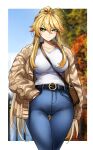  1girl ahoge artoria_pendragon_(fate) artoria_pendragon_(lancer)_(fate) ass_visible_through_thighs bag belt between_breasts blonde_hair blush breasts casul collarbone denim fate/grand_order fate_(series) green_eyes hand_in_pocket handbag highres jacket jeans large_breasts long_hair pants shirt sidelocks strap_between_breasts thigh_gap tight tight_pants white_shirt wide_hips 