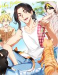  3boys :d akeno06 animal baji_keisuke black_eyes black_hair blonde_hair blue_eyes blue_pants brown_jacket brown_shirt cat character_name cowboy_shot day earrings hanemiya_kazutora happy_birthday highres hood hood_up jacket jewelry long_hair male_focus matsuno_chifuyu multicolored_hair multiple_boys open_mouth outdoors pants shirt short_sleeves single_earring sitting smile standing tank_top tokyo_revengers tree two-tone_hair white_shirt yellow_eyes 