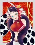  1girl alternate_costume animal_ears animal_print bangs bell belt black_hair black_nails blue_eyes border breasts brown_belt chinese_zodiac commentary_request cow_ears cow_print cowboy_shot demon_girl demon_horns ear_piercing ear_tag fur_coat gem grey_border hatori_naco highres horns jewelry jingle_bell large_breasts looking_at_viewer midriff multicolored_hair nail_polish open_mouth pants piercing pointy_ears print_coat red_background red_sports_bra redhead ring ryugasaki_rene short_hair smile solo sports_bra sugar_lyric two-tone_hair v virtual_youtuber white_pants year_of_the_ox 