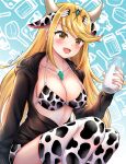  1girl animal_costume animal_ears animal_print bangs blonde_hair breasts cow_costume cow_ears cow_girl cow_horns cow_print earrings highres horns jewelry kurume_sml large_breasts long_hair mythra_(xenoblade) solo swept_bangs swimsuit tiara very_long_hair xenoblade_chronicles_(series) xenoblade_chronicles_2 yellow_eyes 