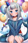  1girl absurdres balloon between_legs bloop_(gawr_gura) blue_eyes blue_hair blush bubble confetti fish_tail gawr_gura grey_hair hand_between_legs hat highres hololive hololive_english hood hoodie long_hair long_sleeves looking_at_viewer maru_ccy multicolored_hair party_hat shark_tail sharp_teeth simple_background sitting smile streaked_hair tail teeth twitter_username two_side_up virtual_youtuber white_background 