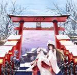  1girl architecture bad_id bad_pixiv_id black_hair branch east_asian_architecture fate/grand_order fate_(series) hat japanese_clothes kimono lantern long_hair looking_at_viewer nicky_w oryou_(fate) red_eyes shiromuku shrine sitting snow snowing stairs torii tree 