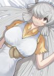  1girl absurdres ahoge animal_ears bangs bare_arms bed_sheet breasts brown_eyes dress from_above grey_hair hair_over_one_eye hair_spread_out highres kemono_friends large_breasts light_blush long_hair looking_at_viewer lying on_back one_eye_covered short_sleeves smile solo white_dress yak_(kemono_friends) zuchi00 