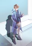  1boy bai_qi_(love_and_producer) bangs black_shirt blue_coat brown_eyes brown_hair brown_shorts chalkboard classroom closed_mouth coat full_body glasses highres jewelry long_sleeves looking_at_viewer love_and_producer necklace open_clothes open_coat rabbitcamilla see-through shadow shirt shoes short_hair shorts sneakers solo standing table white_footwear 