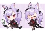  1girl :d animal animal_ear_fluff animal_ears bangs black_footwear black_gloves black_hairband black_skirt blush breasts cat chibi closed_eyes closed_mouth commission copyright_request detached_sleeves eyebrows_visible_through_hair fang gloves grey_sleeves hairband long_hair long_sleeves medium_breasts multiple_views pleated_skirt purple_hair red_eyes red_shirt shirt shoes side_ponytail single_leg_pantyhose skeb_commission skirt smile tears twitter_username very_long_hair watermark white_cat yamabukiiro 