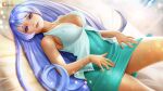  1girl bare_shoulders blue_dress blue_eyes boku_no_hero_academia breasts collarbone covered_nipples dress english_commentary hadou_nejire large_breasts light_blue_hair lipstick long_hair looking_at_viewer lying makeup on_back patreon_logo patreon_username pink_lips short_dress solo very_long_hair yiqiang 