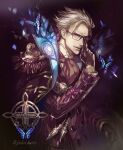  1boy bespectacled blue_eyes bug butterfly closed_mouth facial_hair fate/grand_order fate_(series) glasses gloves grey_hair highres james_moriarty_(fate) koshika_rina long_sleeves looking_at_viewer male_focus mustache short_hair smile solo 