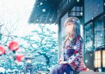  1girl bangs blurry blurry_foreground building commentary_request floral_print flower grey_hair hair_flower hair_ornament hiten_(hitenkei) japanese_clothes kimono lantern long_hair long_sleeves obi original outdoors parted_lips purple_kimono sash snow snowing solo tree violet_eyes 
