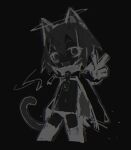  1girl animal_ears bangs black_background cape cat_ears cat_tail chain chibi collar cowboy_shot fang halo monochrome original panties ro47 short_hair simple_background sketch solo standing tail thigh-highs underwear v 