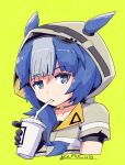  1girl arknights bangs blue_eyes blue_hair character_name choker drinking_straw drinking_straw_in_mouth eyebrows_visible_through_hair glaucus_(arknights) glaucus_(exterminator_in_the_square)_(arknights) gloves hood hood_up low_ponytail multicolored_hair official_alternate_costume short_sleeves shuuzen_(shu-zen) solo streaked_hair 
