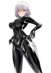  1girl absurdres alternate_costume blush bodysuit breasts eyebrows_visible_through_hair girls_frontline highres hiuyec large_breasts latex latex_bodysuit pink_eyes rpk-16_(girls&#039;_frontline) shiny shiny_clothes short_hair silver_hair skin_tight solo 