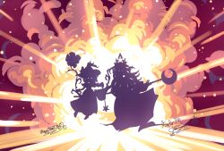  bow comet_summoner98 crescent explosion eyed_silhouette flower ghost_tail hat highres holding holding_staff kirisame_marisa kirisame_marisa_(pc-98) long_hair mima_(touhou) short_hair signature silhouette staff star_(symbol) story_of_eastern_wonderland sun_print touhou touhou_(pc-98) witch_hat wizard_hat 