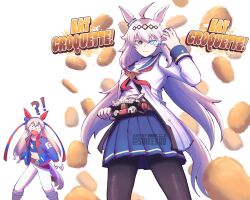 !? 2girls ahoge animal_ears artist_name black_pantyhose blue_eyes croquette ear_covers english_text fang glowing glowing_eye grey_hair grey_tail hair_between_eyes hairband henshin_belt_gavv highres horse_ears horse_girl horse_tail kamen_rider kamen_rider_gavv_(series) long_hair long_sleeves looking_at_viewer multiple_girls oguri_cap_(umamusume) pantyhose popping_gummy rider_belt saikekuu sailor_collar school_uniform smile tail tamamo_cross_(umamusume) umamusume umamusume:_cinderella_gray watermark