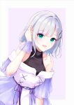  1girl bangs blue_eyes blush breasts evanstan hair_ornament highres kaga_sumire looking_at_viewer lupinus_virtual_games medium_hair open_mouth playing_with_own_hair ribbon simple_background small_breasts smile solo upper_body virtual_youtuber vspo! white_hair 