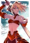  1girl armor armored_dress bandeau bare_shoulders blonde_hair blue_sky border braid breasts clarent_(fate) clouds dated detached_collar detached_sleeves fate/grand_order fate_(series) fingernails french_braid green_eyes hair_between_eyes happy_birthday highres long_fingernails mordred_(fate) navel outside_border over_shoulder red_scrunchie scrunchie shirin_(tsukimiyagura) short_hair sky small_breasts smile solo sword sword_over_shoulder twitter_username weapon weapon_over_shoulder white_border 