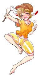  1girl alphes_(style) animal_ears barefoot blonde_hair blush commentary_request dairi dango flat_cap floppy_ears food full_body hair_between_eyes hat holding holding_food large_variant_set midriff navel orange_shirt outstretched_arm parody pointing rabbit_ears ringo_(touhou) shirt short_hair short_sleeves shorts skewer solo style_parody tachi-e touhou transparent_background variant_set wagashi yellow_shirt 