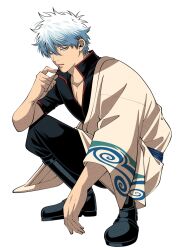  1boy black_boots black_pants black_shirt blue_hair boots closed_mouth collarbone full_body gintama hadanugi_dousa half-closed_eyes hand_up highres japanese_clothes kimono looking_at_viewer male_focus messy_hair pants popped_collar red_eyes sakata_gintoki shirt short_hair simple_background solo squatting white_background white_kimono yubi_nui21 