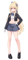  1girl acasta_(warship_girls_r) black_jacket blonde_hair blue_bow blue_bowtie blue_ribbon blue_skirt bow bowtie breasts cropped_jacket cropped_shirt grey_eyes hair_between_eyes hair_ribbon highres jacket loafers long_hair long_sleeves looking_at_viewer medium_breasts midriff miniskirt navel pleated_skirt ponytail ribbon school_uniform shirt shoes sidelocks skirt smile solo standing very_long_hair warship_girls_r white_shirt xnnagu 