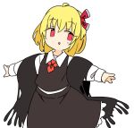  1girl :d bangs black_skirt black_vest blonde_hair bow collared_shirt eyebrows_visible_through_hair hair_bow ini_(inunabe00) long_sleeves looking_at_viewer open_mouth red_bow red_neckwear rumia shirt short_hair simple_background skirt smile solo touhou vest white_background white_shirt 