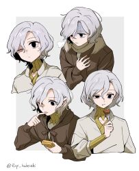  1boy absurdres artist_name bags_under_eyes black_eyes border coat commentary_request crying dungeon_meshi eating elf fork gorget green_shirt grey_background grey_hair highres holding holding_fork lazy_eye licking licking_finger long_sleeves male_focus mithrun multiple_views notched_ear outside_border pointy_ears scarf shaded_face shirosaki20725 shirt short_hair simple_background tongue tongue_out turn_pale uneven_eyes upper_body wavy_hair white_border 