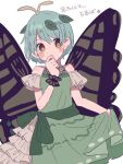  1girl alternate_costume antennae aqua_hair blush brown_eyes butterfly_wings closed_mouth clothes_lift dress dress_lift eternity_larva fairy green_dress hair_between_eyes leaf leaf_on_head lifted_by_self off-shoulder_dress off_shoulder short_hair simple_background smile solo suzushiro_(daikon793) touhou white_background wings 