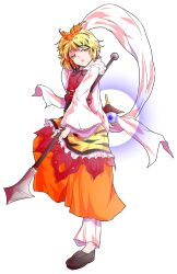  1girl alphes_(style) animal_print bishamonten&#039;s_pagoda bishamonten&#039;s_spear black_ribbon black_shoes blonde_hair commentary_request dairi dress full_body highres holding holding_polearm holding_weapon large_variant_set multicolored_hair o-ring parody polearm ribbon shoes short_hair solo spear standing style_parody tachi-e tiger_print toramaru_shou touhou transparent_background two-tone_hair variant_set weapon wide_sleeves 